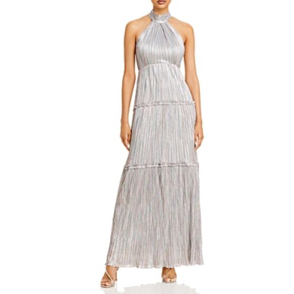 Silver Metallic Halter Evening Gown Size 12 Ruffled A-Line Long Dress by AQUA - Picture 11 of 13